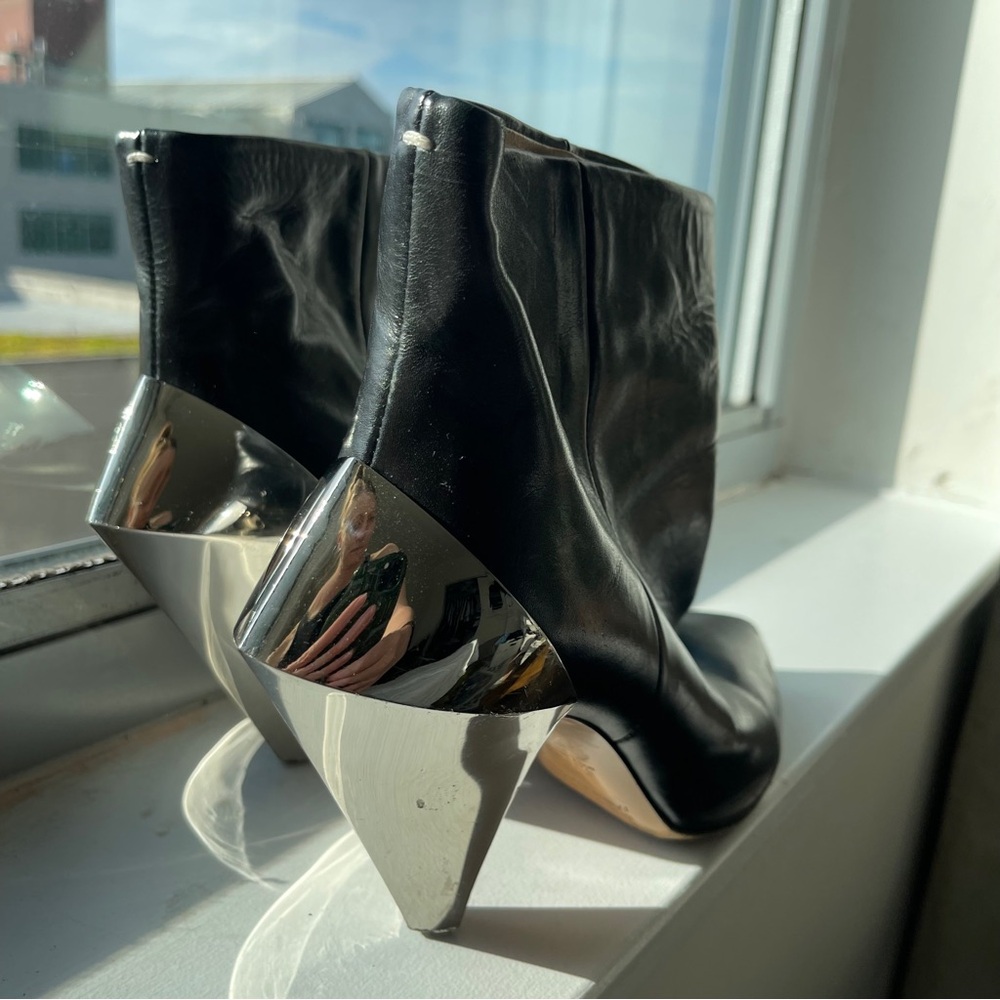 Maison Martin Margiela Black Heeled Boots with Metallic Sculptural Heel